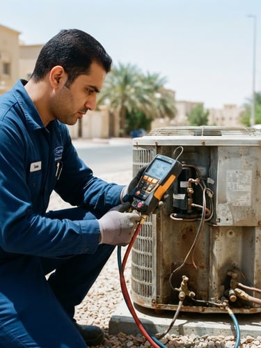 Close-up of a professional technician in a clean blue uniform using digital manifold gauges to check pressure on an outdoor AC compressor in bright Riyadh daylight, crisp 35mm photography.
