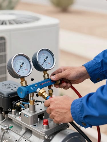 Close-up of a professional technician in a clean blue uniform using digital manifold gauges to test pressure on an outdoor HVAC compressor unit, bright natural daylight, sharp focus.