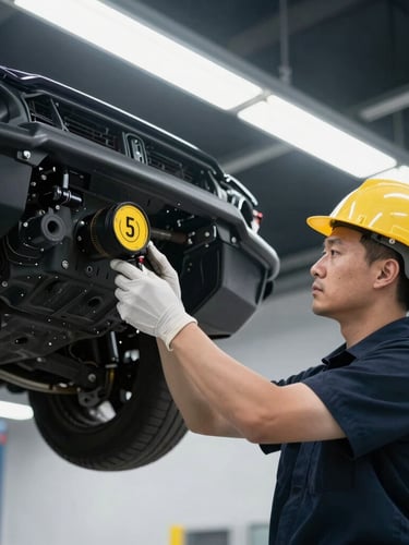 Technical inspector checking a chassis number under bright overhead LED lights in a clean modern garage bay, sharp industrial photography