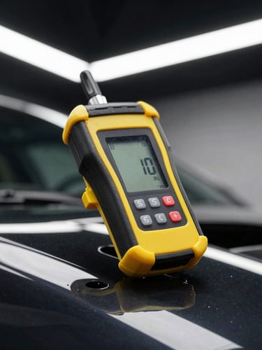 Macro detail shot of a digital paint thickness gauge on a black car panel, high contrast industrial lighting, yellow accent lines, sharp focus, 35mm lens