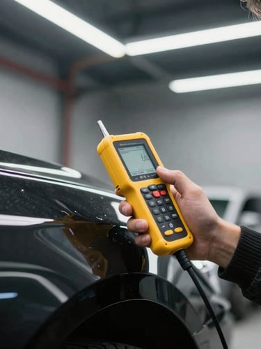 Close-up of a professional inspector using a digital paint thickness gauge on a black car panel, sharp industrial garage lighting.