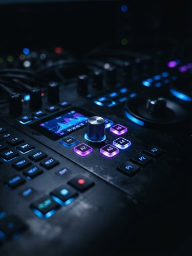 Macro close-up of a high-end video editing console, glowing neon electric blue and cyber purple LED backlighting, shallow depth of field, dark studio setting.