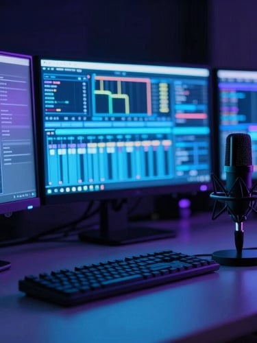 Vertical composition of a high-tech editing bay at night, glowing monitors casting electric blue and violet light onto a sleek desk, professional studio microphone, moody atmosphere.