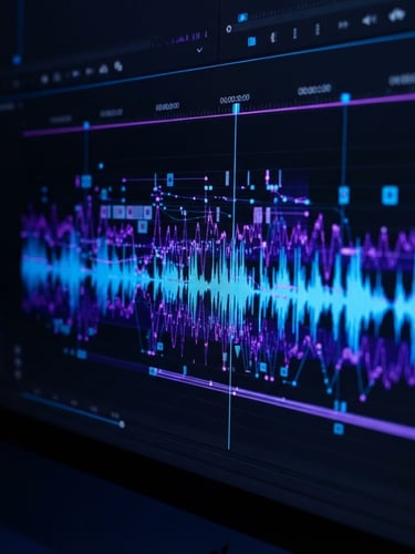 Macro close-up of a dark editing bay screen displaying a rendering timeline with vibrant electric blue and cyber purple wave patterns, high contrast studio lighting, cyber tones
