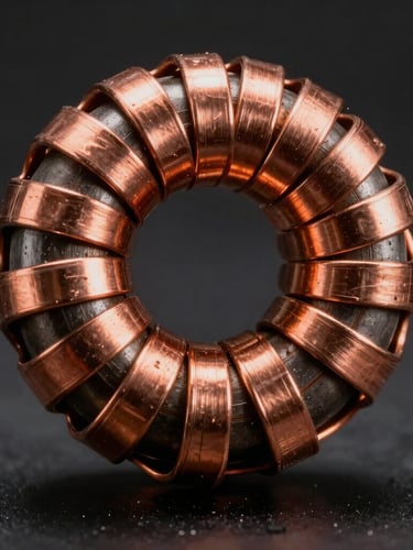 Macro close-up of copper voice coils wound tightly on a dark metallic bobbin, dramatic low-key industrial lighting with copper reflections, dark background.