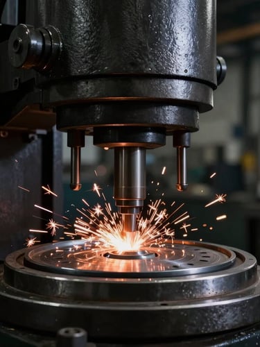Close-up of a heavy-duty hydraulic press stamping a circular steel speaker plate, bright copper sparks flying, dark industrial factory background, high-contrast low-key lighting.