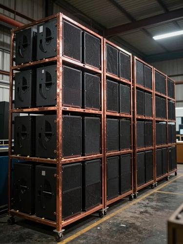 Wide structured shot of organized speaker chassis inventory on the Madurai factory floor, low-key industrial lighting with copper-toned highlights