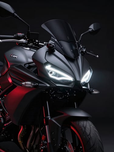 Sleek modern motorcycle with glowing LED headlights in a dark, dramatic studio, high contrast, red accent lighting, 85mm lens