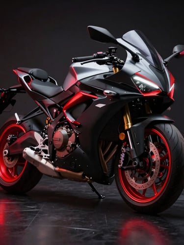 Sleek modern sport motorcycle on a dark reflective studio floor, dramatic red neon rim lighting, high contrast, ultra-detailed 85mm lens