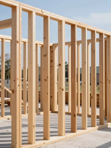 Sharp architectural framing of clean exposed wooden studs during structural framing, bright daylight, high contrast, 35mm.