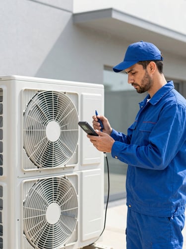 A professional Saudi HVAC technician in a clean blue uniform precisely testing a modern outdoor air conditioning unit with digital tools, bright daylight, sharp focus, architectural photography style
