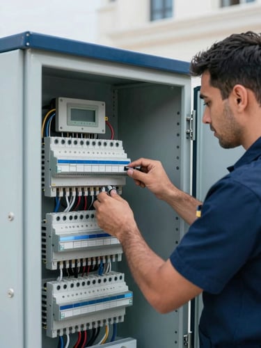 A close-up of a professional technician in a clean navy blue uniform inspecting a modern electrical control panel with precise wiring inside a luxury Saudi villa, bright cool daylight, sharp focus, 35mm