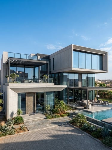 Wide angle architectural photography of a luxury modern villa in Riyadh, bright natural daylight, clean concrete and glass facade, sharp focus, cool blue sky, editorial style, 35mm