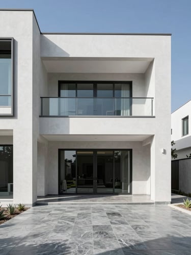 Clean architectural photography of a luxurious modern Saudi villa interior, bright natural daylight, cool slate gray and white tones, sharp focus, professional editorial style