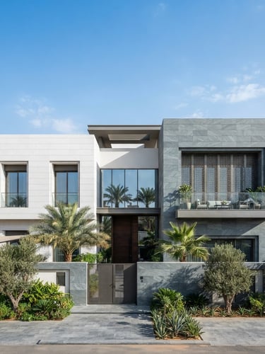 Wide-angle architectural photograph of a modern luxury Saudi villa facade, bright natural daylight, clean slate gray and white stone, sharp focus, editorial style