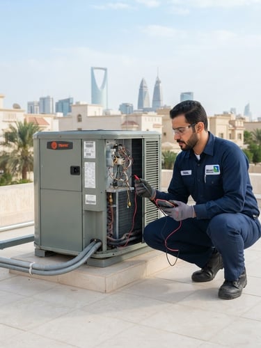A professional Saudi technician in a clean navy uniform inspecting a modern HVAC system on a bright Riyadh villa rooftop, sharp focus, 35mm