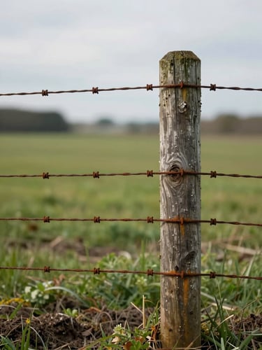 Close environmental frame, weathered wooden fence post with rusted wire in sharp foreground focus, managed pasture extending behind it under soft overcast light, soil visible at the base of the post, wide landscape context blurred in distance
