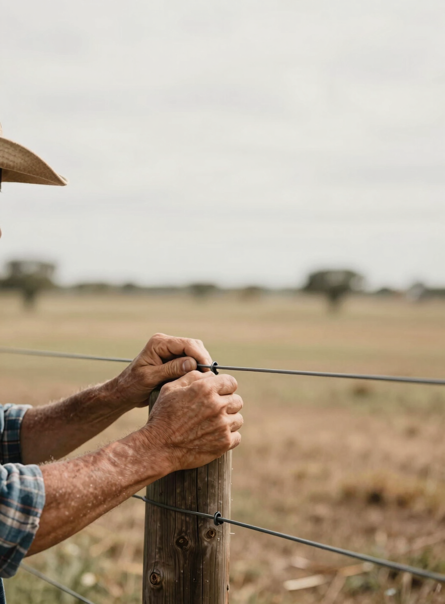 Close environmental frame, hands gripping a wooden fence post mid-repair on a Texas ranch, wire stretched taut in foreground, open pasture behind in soft focus, overcast natural daylight, warm desaturated tones