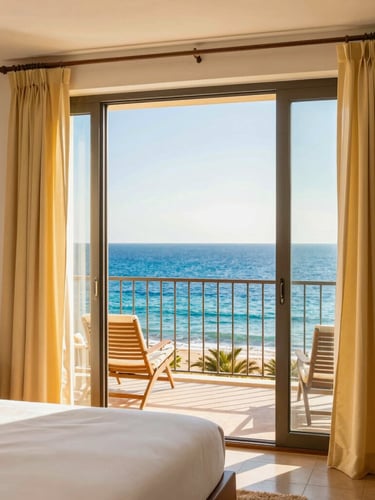 Bright coastal hotel room interior with open balcony facing the blue Mar Menor lagoon, warm golden morning light, 35mm lens