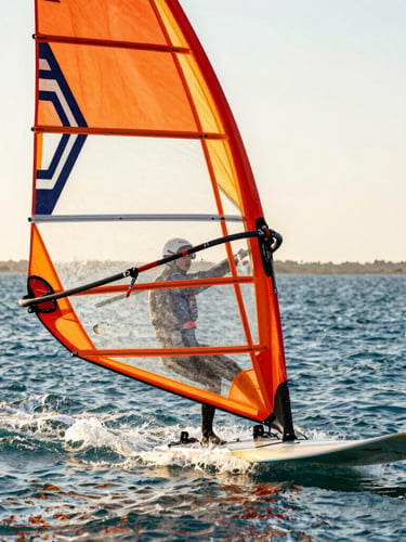 Bright Mediterranean photography, a close-up of a windsurfer gliding fast across the flat blue water of the Mar Menor lagoon, golden hour lighting, high contrast, 35mm lens.