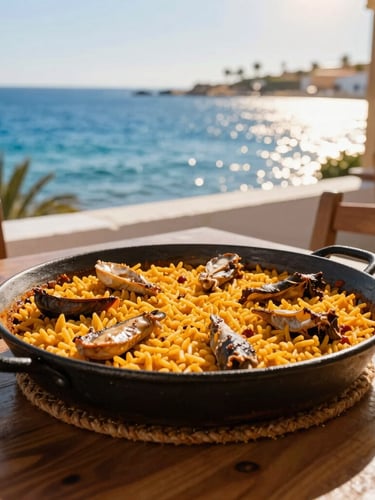 Bright Mediterranean photography of a traditional Spanish caldero rice dish served in a black iron pot on a wooden table, sun-drenched coastal terrace overlooking the blue Mar Menor lagoon, golden hour warmth, 35mm lens