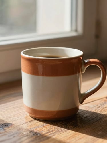 A close-up, sunlit photo of a ceramic coffee mug on a rustic wooden table next to a window, soft morning light, warm terracotta and cream tones.