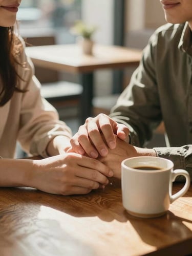 Two people sitting at a wooden table in a sunlit cafe, hands clasped gently near a warm mug, soft ambient light, focus on the connection.