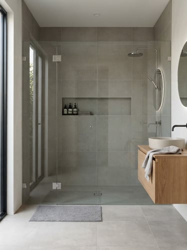 Straight-on architectural photograph of a modern minimalist bathroom featuring a frameless glass shower enclosure, crisp reflections, bright natural daylight, neutral tones, sharp focus, 35mm lens