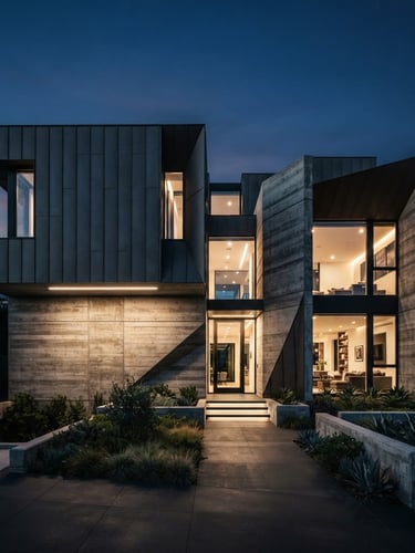 Sleek high-contrast architectural photography of a monolithic concrete and titanium residential facade at twilight, dramatic geometric shadows, sharp cool tones, wide-angle 35mm