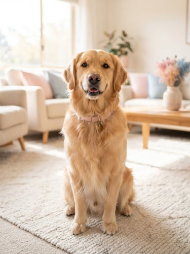 Bright editorial photography of a happy, fluffy clean golden retriever sitting calmly on a light rug in a sunny living room, soft natural window light, shallow depth of field