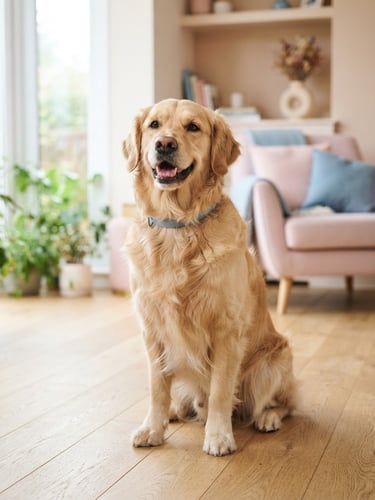 A happy fluffy golden retriever sitting calmly on a light wooden floor in a bright living room, soft window daylight, pastel pink accents in the background, shallow depth of field