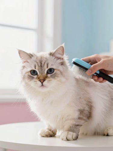 Close-up of a professional groomer gently brushing a calm long-haired cat on a clean home table, soft natural window light, pastel blue background, shallow depth of field