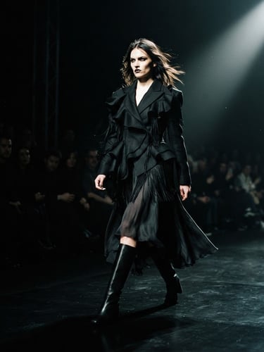 Dramatic high-contrast fashion photograph of a model in motion on a dark runway, sharp directional spotlight cutting through deep shadows, desaturated tones, cinematic 35mm grain.