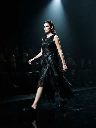 Moody high-contrast fashion photography of a model in motion on a dark runway, dramatic spotlighting casting deep shadows, desaturated tones, 35mm film grain, cinematic