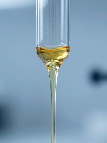Macro close-up of pure golden viscous lipid fluid flowing through a glass tube, high contrast clean laboratory lighting, cool petroleum blue background.