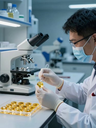 Laboratory technician analyzing golden lipid samples in a cleanroom, high-contrast professional scientific lighting, sharp focus