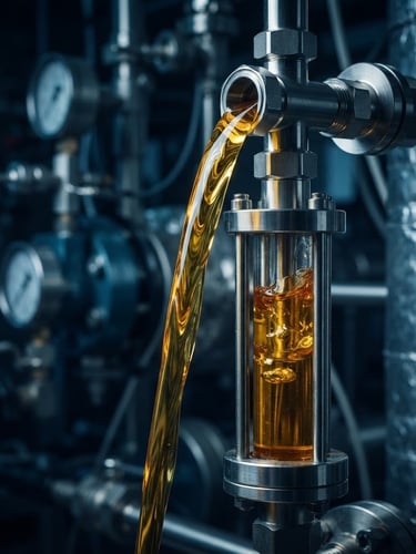 Macro close-up of golden viscous lipid fluid catching warm laboratory light, stainless steel refining tubes in a dark blue background, professional industrial photography