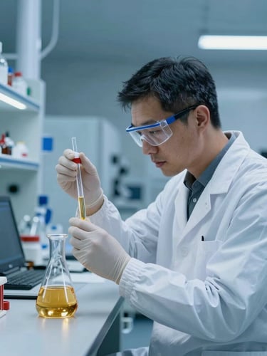 Professional chemical engineer in cleanroom attire inspecting a golden liquid sample inside a modern high-tech laboratory, cool blue ambient lighting, sharp focus, industrial science.