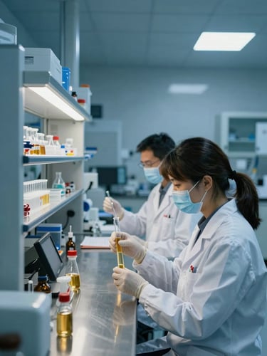 A clean modern industrial laboratory with stainless steel equipment, professional scientists analyzing golden liquid samples, cool petroleum blue lighting