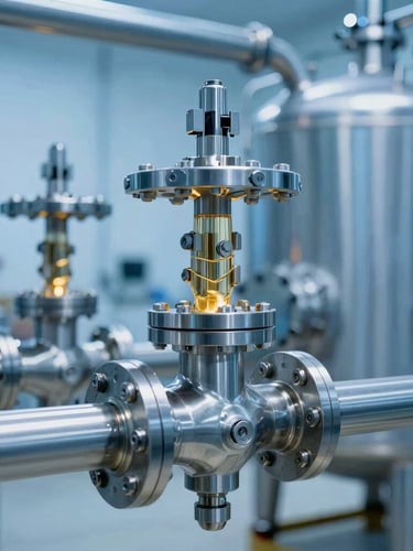 Close-up of modern stainless steel industrial biorefinery valves and pipes, cool blue lighting with warm golden liquid accents, professional photography