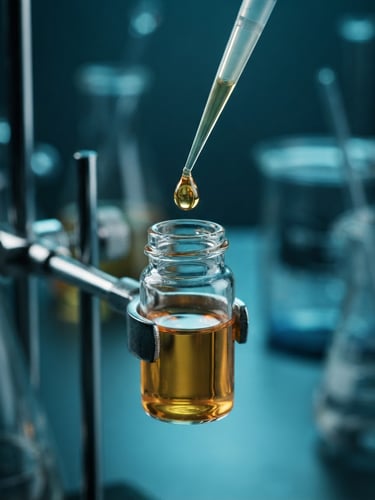 Macro studio shot of golden lipid fluid dropping into a glass vial, cool blue laboratory background, high contrast lighting, professional scientific photography