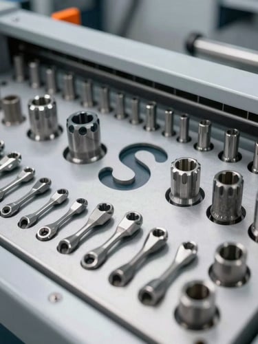 Close-up of a highly organized 5S tool board in a modern machine shop, clean metallic tools arranged in custom shadow cutouts, sharp industrial lighting with subtle safety orange accents.