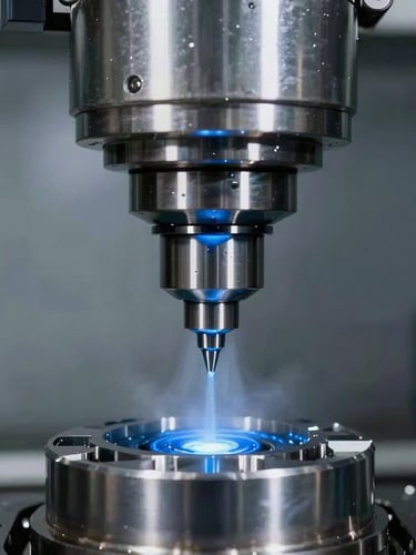 Close-up of a high-precision CNC milling machine spindle, cool blue coolant mist, sharp metallic reflections on a steel component, industrial 35mm photography