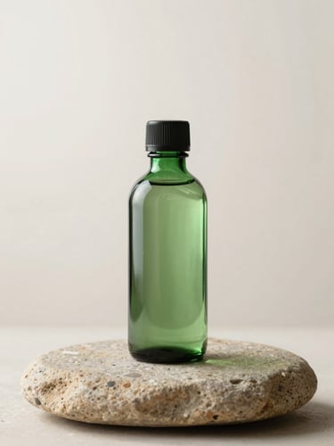A minimalist product portrait of a green glass bottle on a smooth clay stone, soft morning light, shallow depth of field