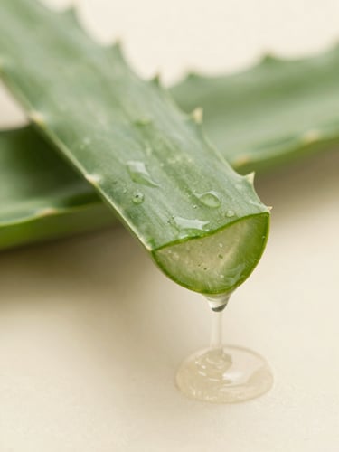 Macro close-up of pure cold-pressed aloe vera gel dripping from a freshly cut leaf, soft morning light, shallow depth of field, 35mm