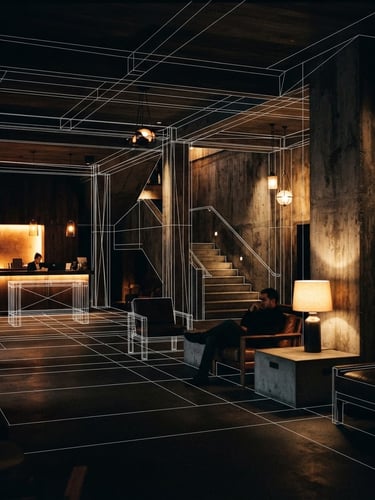 Moody architectural photography of a hotel lobby wireframe overlaying raw concrete, dramatic high-contrast shadows, warm amber light, grainy film texture, 35mm lens