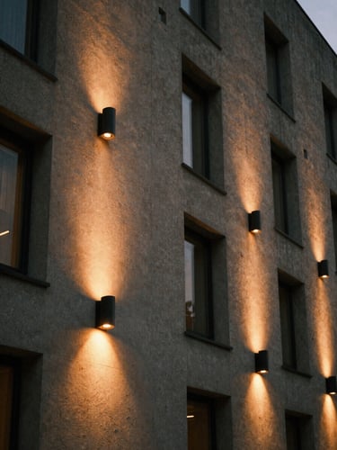 Moody architectural photography of a hotel facade at twilight, minimalist luminaires grazing textured concrete, warm amber light, grainy film texture
