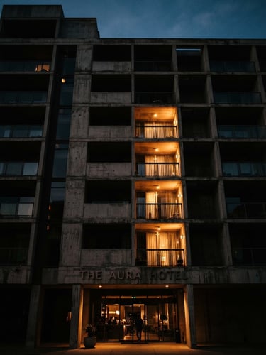 A tall portrait shot of a concrete hotel facade at twilight, warm amber light grazing raw concrete, dramatic high-contrast shadows, grainy film texture, 35mm lens