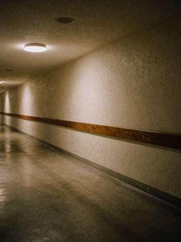 A long hospital corridor with soft indirect lighting reflecting off concrete floors, glare-free quiet illumination, moody architectural photography