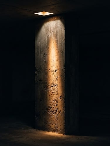 A raw concrete column grazed by a sharp, narrow amber light beam from an unseen recessed fixture, dramatic high-contrast shadows, moody architectural photography.